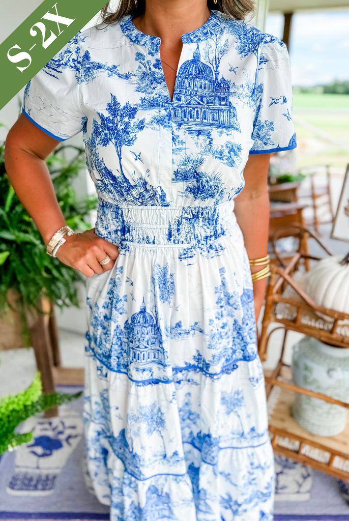 Tiered Puff-Sleeve Holiday Maxi Dress in Blue