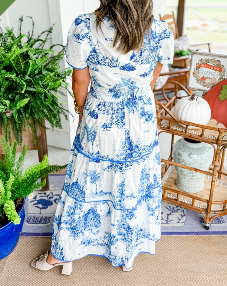 Tiered Puff-Sleeve Holiday Maxi Dress in Blue