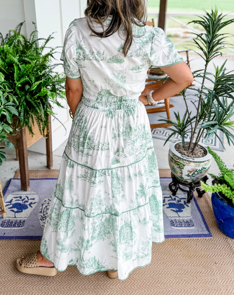 Tiered Puff-Sleeve Holiday Maxi Dress in Sage