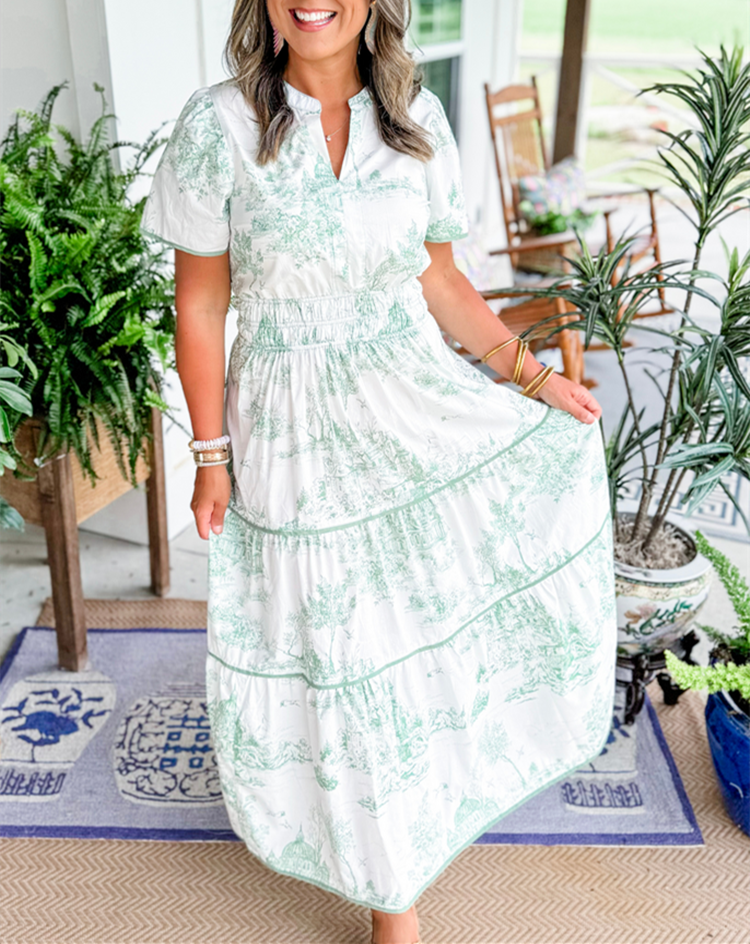 Tiered Puff-Sleeve Holiday Maxi Dress in Sage