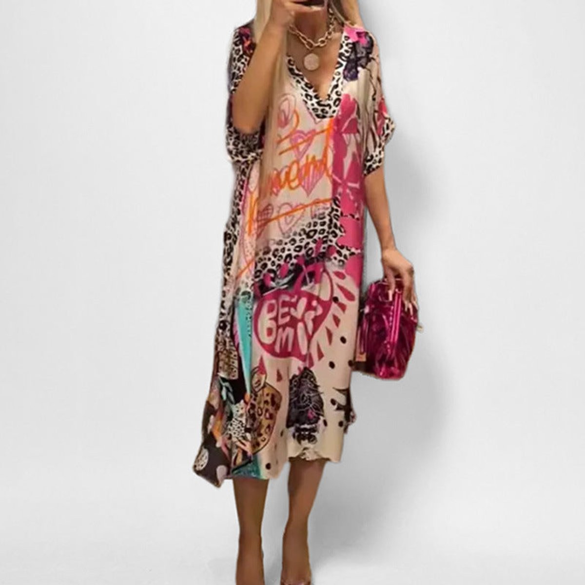 V-Neck Swing Holiday Midi Dress in Pink