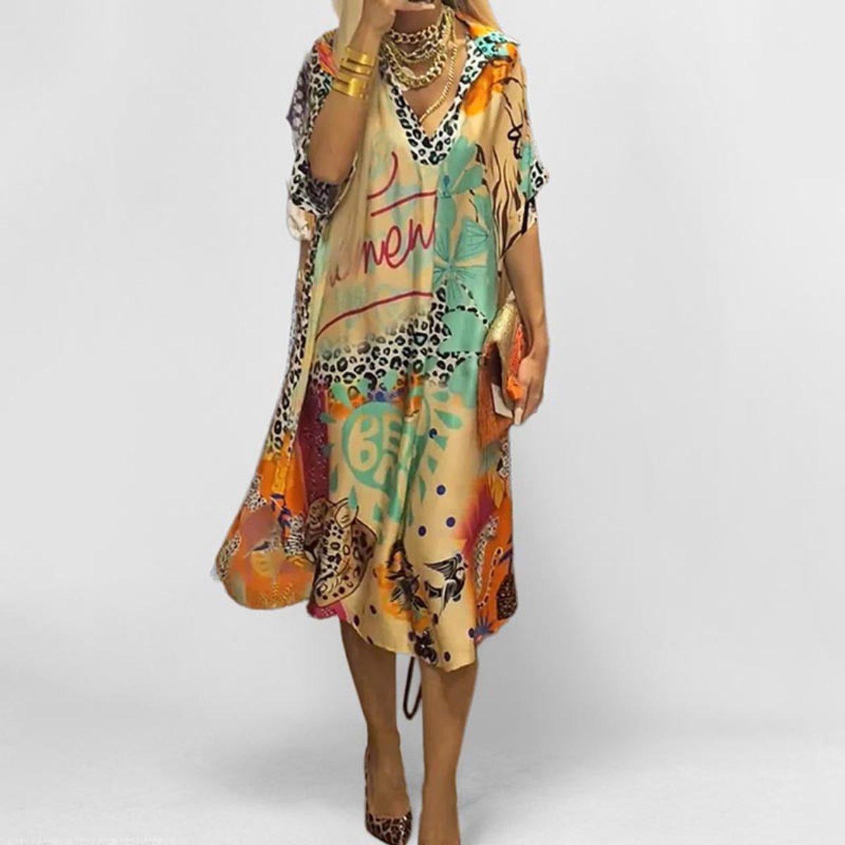 V-Neck Swing Holiday Midi Dress in Orange
