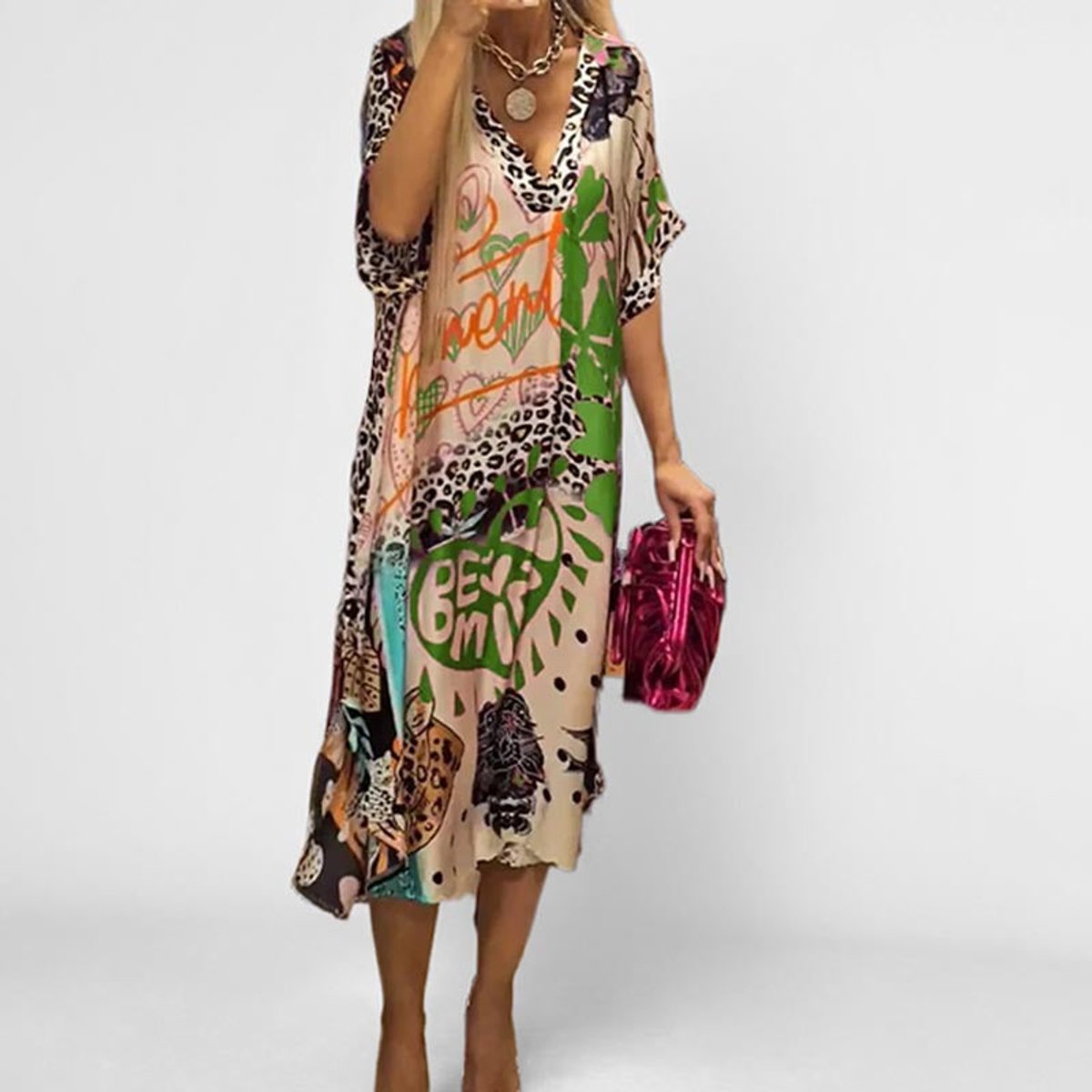 V-Neck Swing Holiday Midi Dress in Green