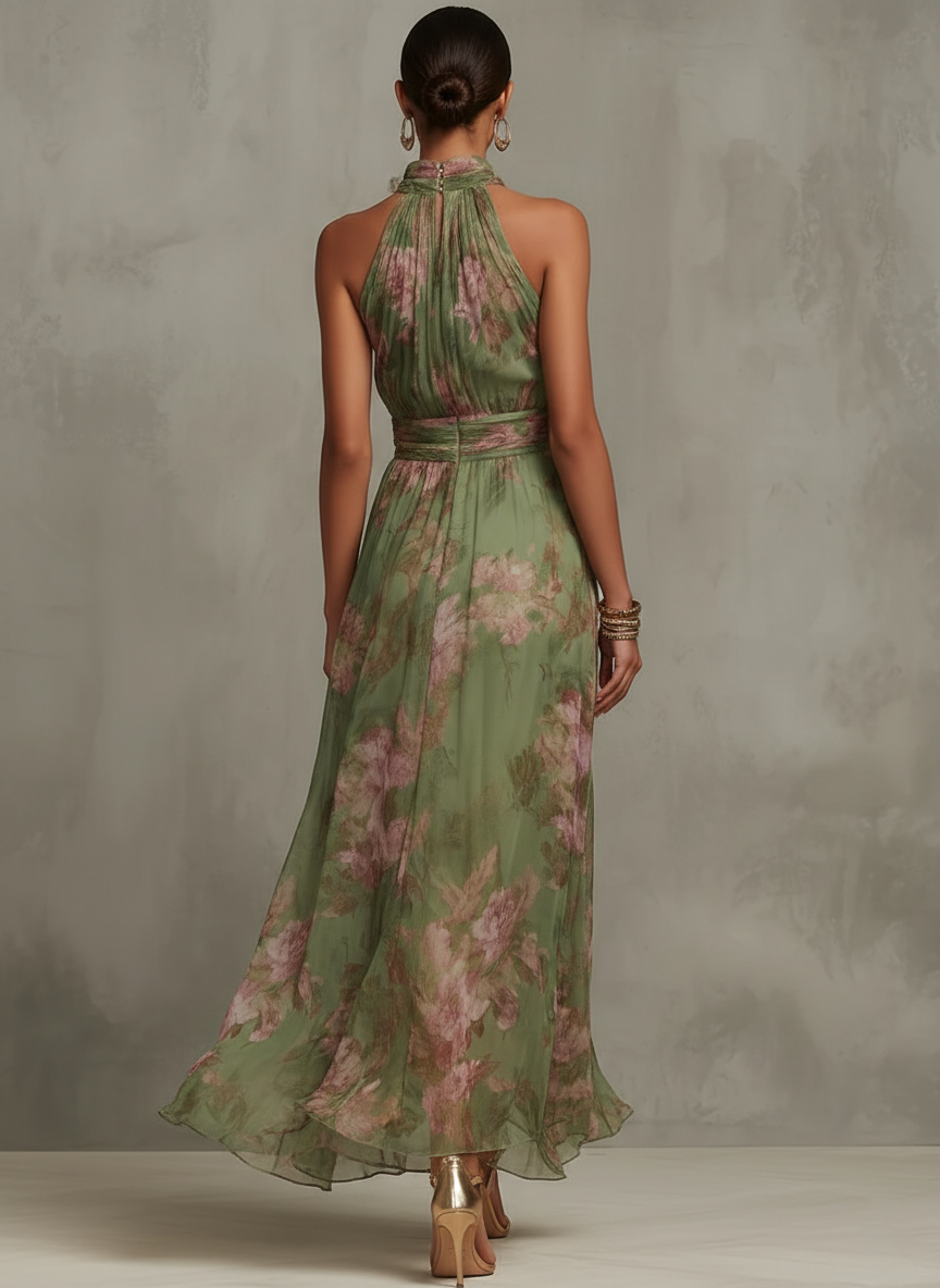 Ruched Halter-Neck Evening Maxi Dress in Sage