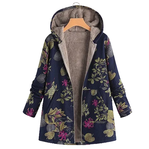 Women's Hooded Floral Print Casual Coat in Navy