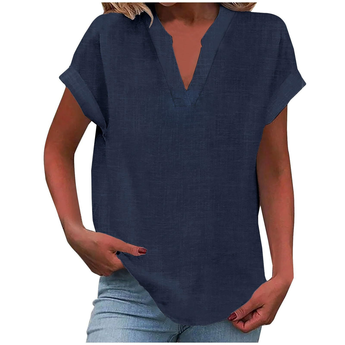 Rolled Short-Sleeve Casual Blouse in Navy