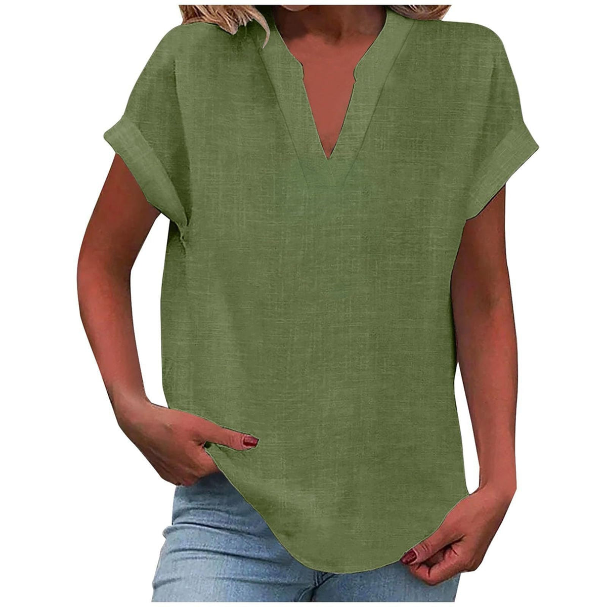 Rolled Short-Sleeve Casual Blouse in Olive