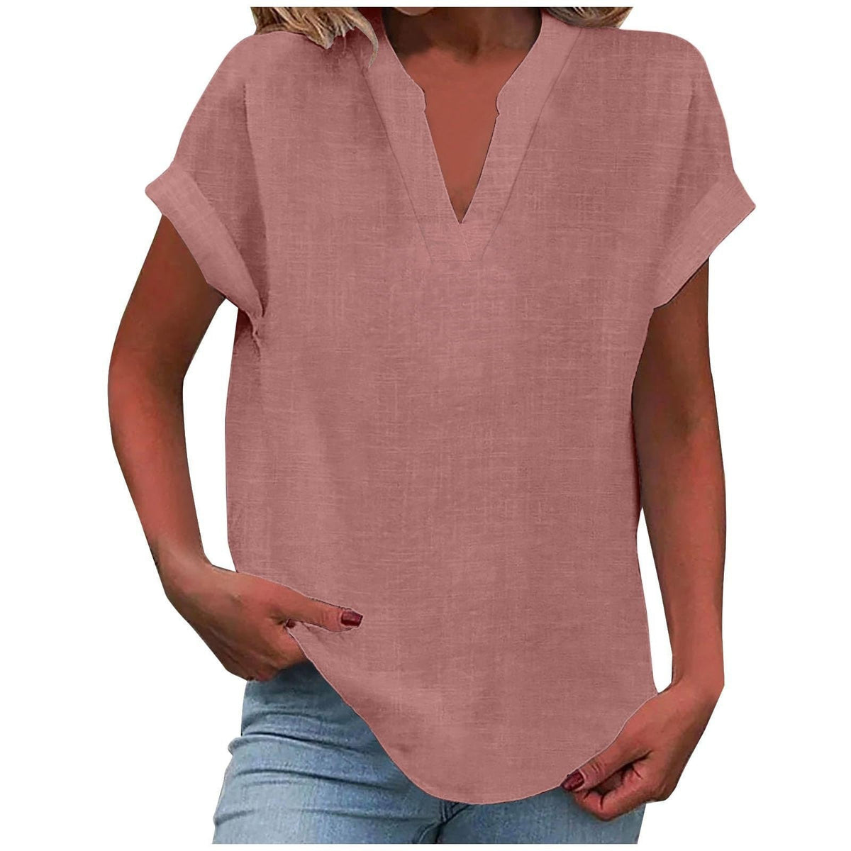 Rolled Short-Sleeve Casual Blouse in Dusty Rose