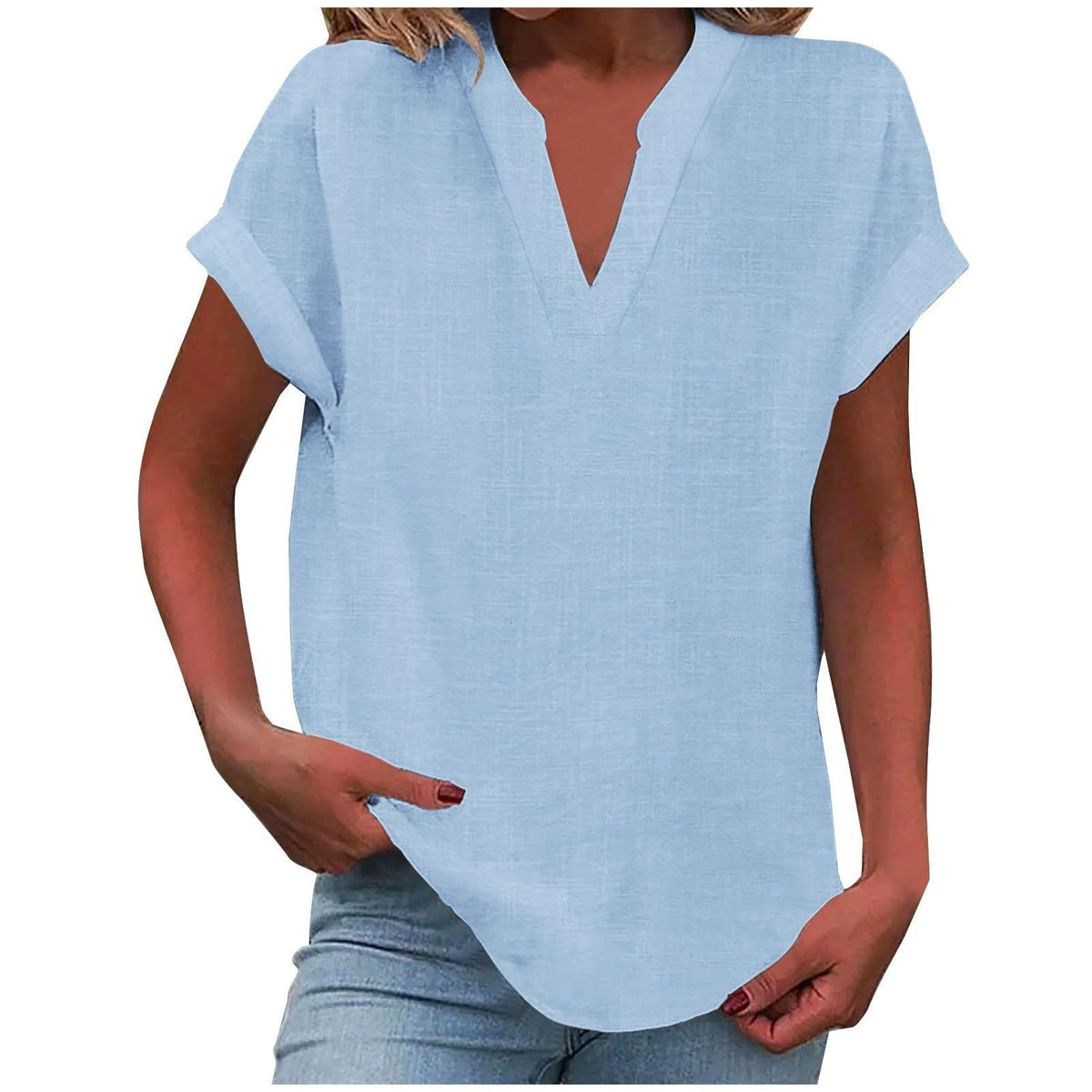 Rolled Short-Sleeve Casual Blouse in Light Blue