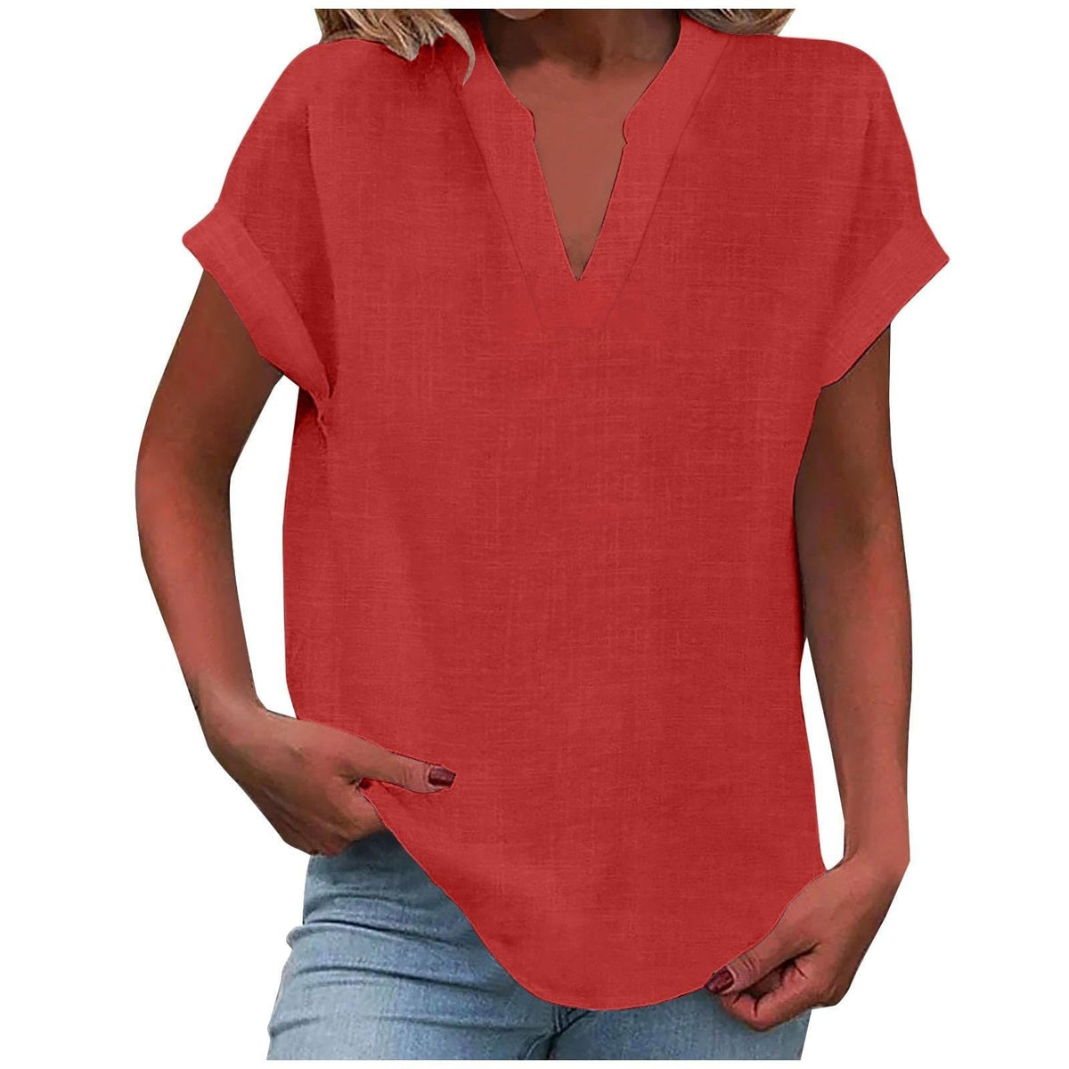 Rolled Short-Sleeve Casual Blouse in Brick Red