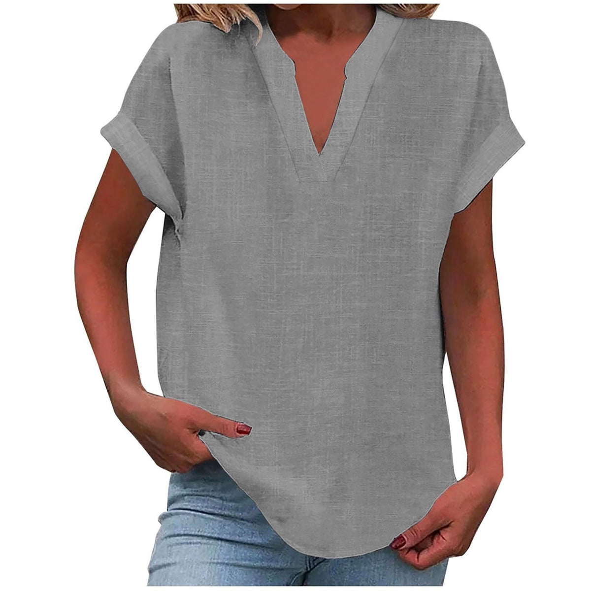 Rolled Short-Sleeve Casual Blouse in Grey