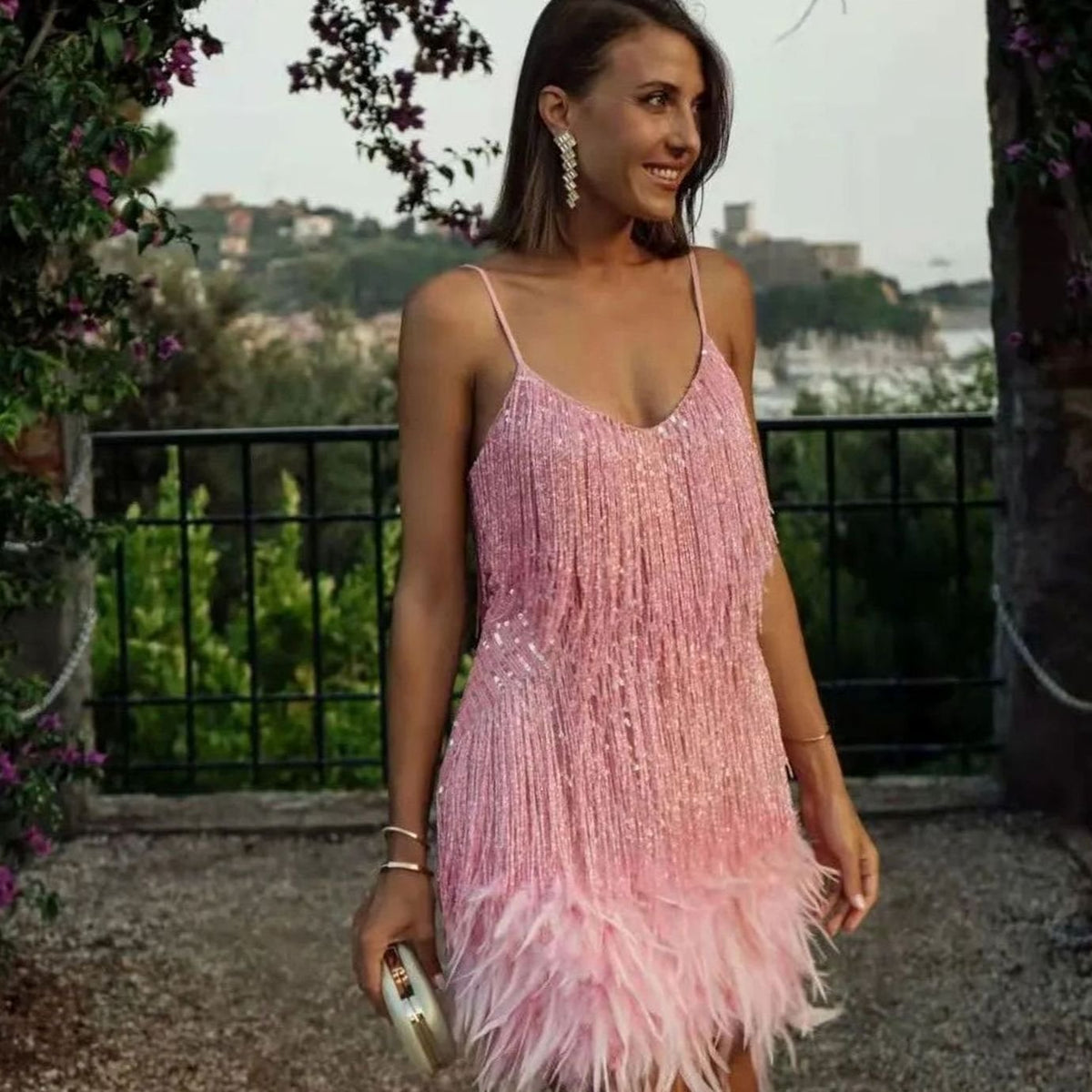 Feather Hem Fringe Cocktail Mini Dress in Pink