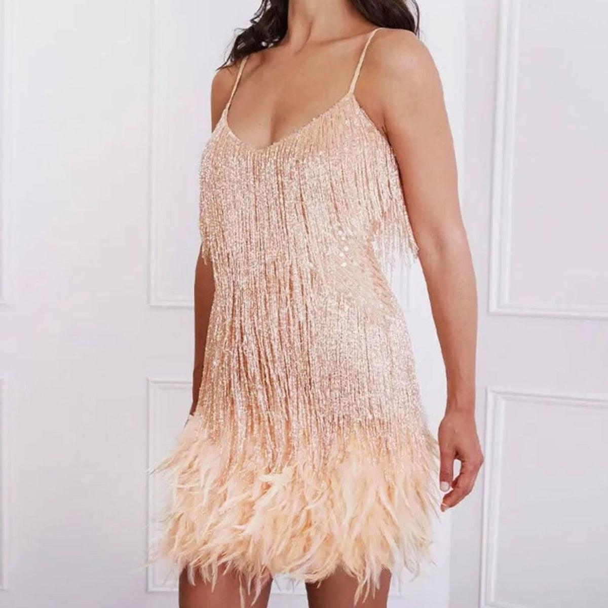 Feather Hem Fringe Cocktail Mini Dress in Peach