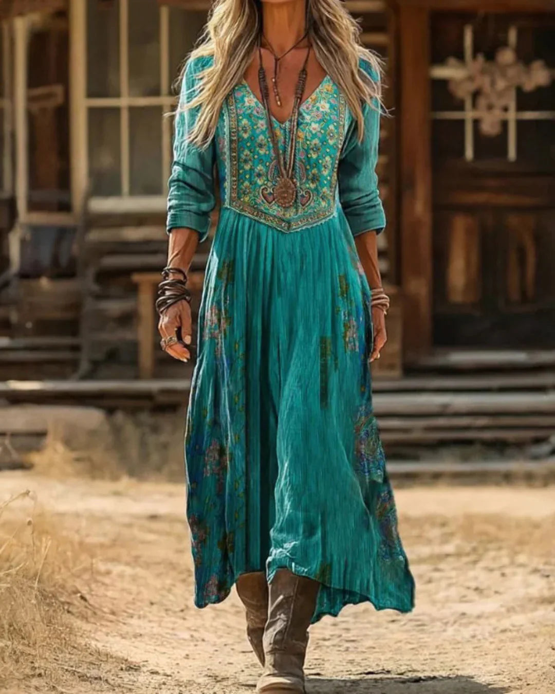 Embroidered Casual Maxi Dress in Teal
