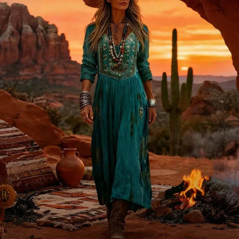 Embroidered Casual Maxi Dress in Teal