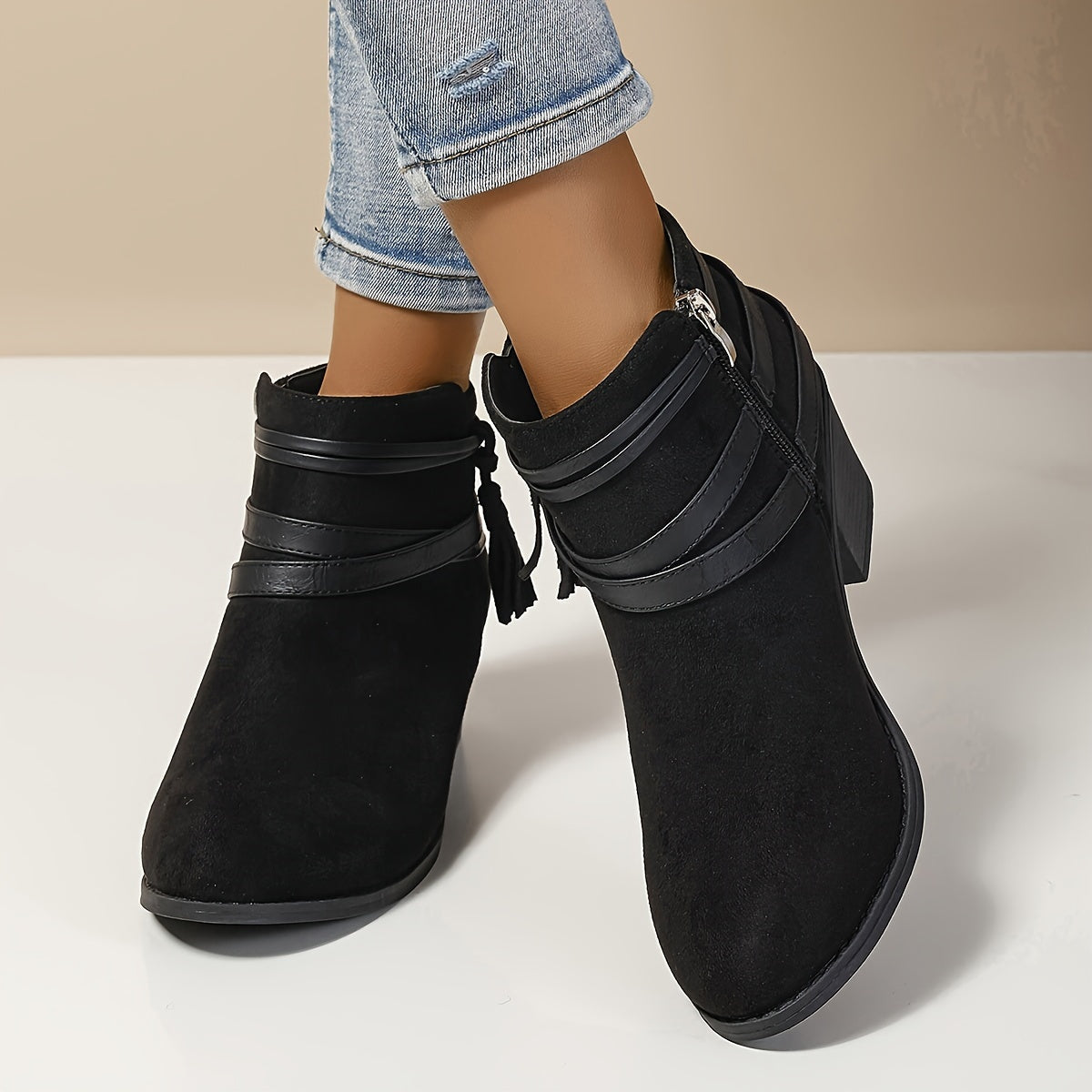 Women's Tassel Casual Ankle Boots in Black