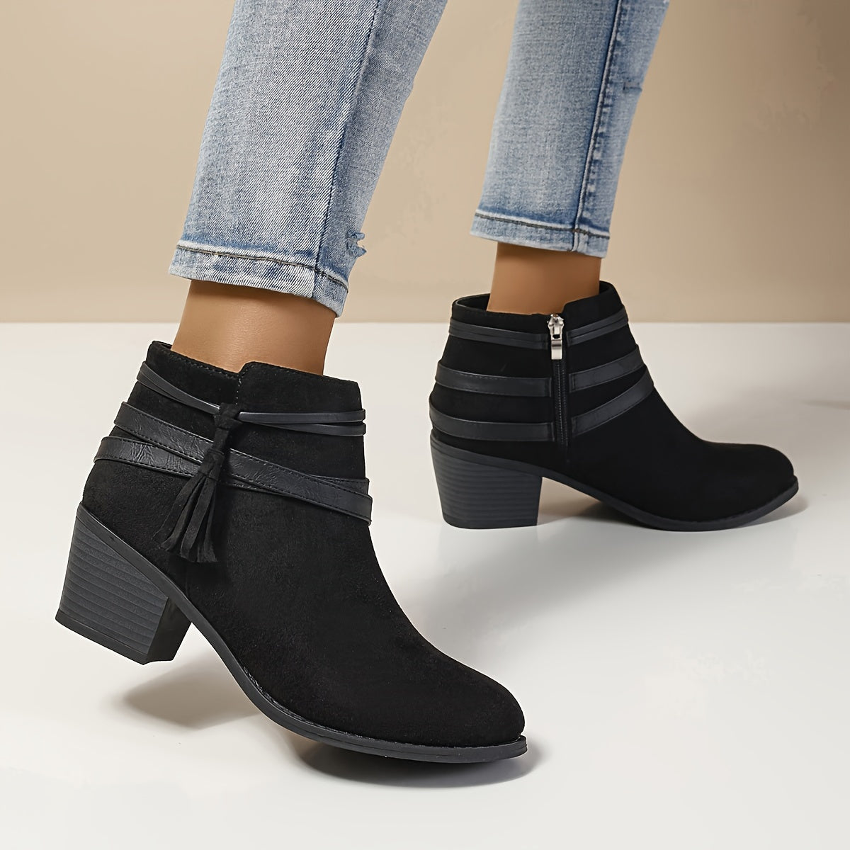 Women's Orthopaedic Tassel Casual Ankle Boots in Black