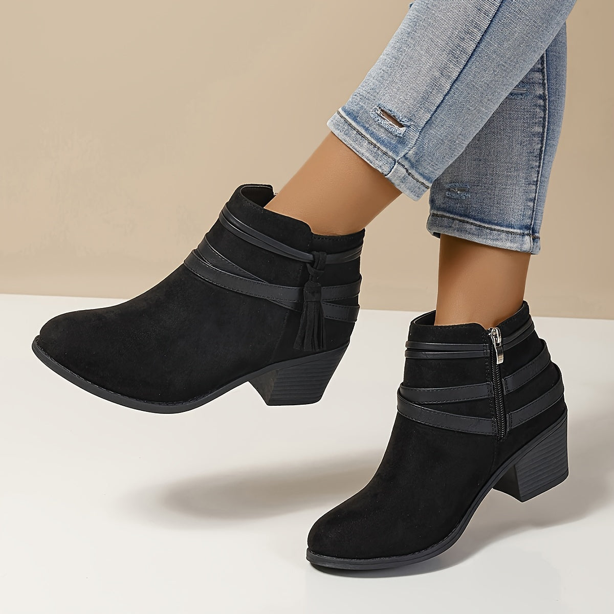 Women's Tassel Casual Ankle Boots in Black