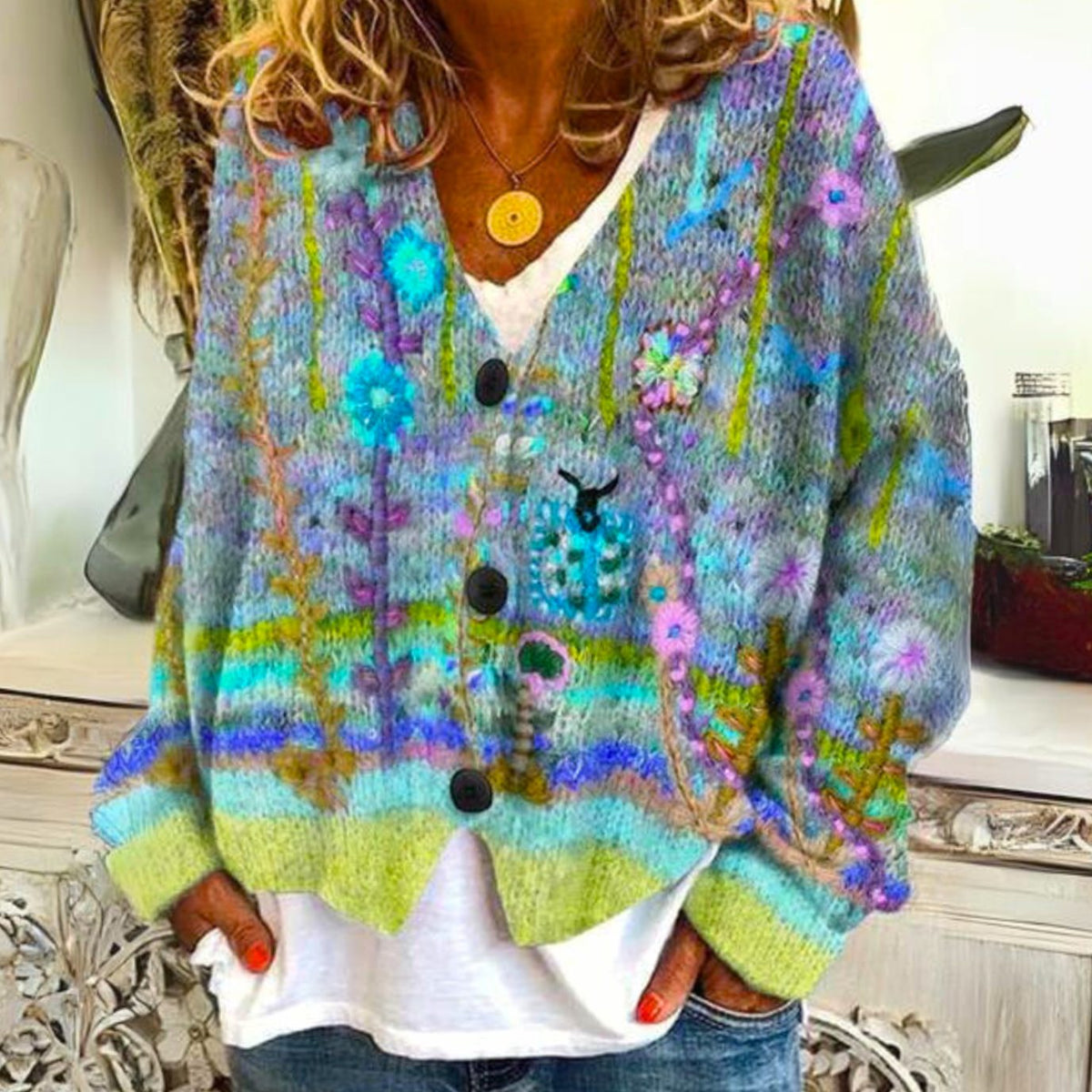 Women's V-Neck Button-Front Cardigan in Light Blue