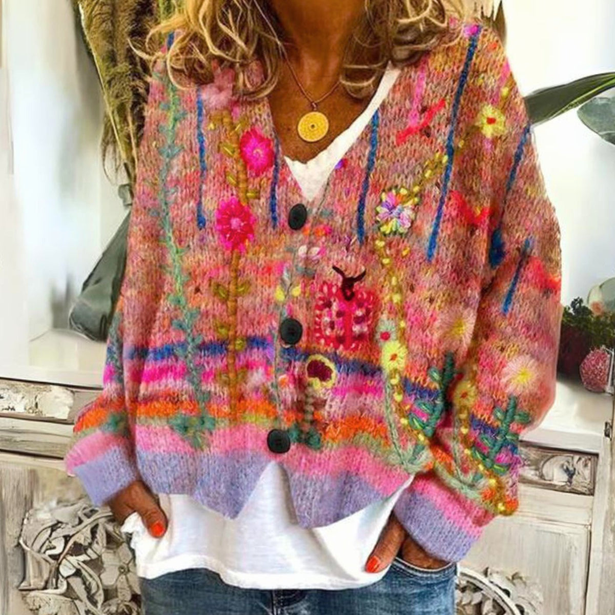 Women's V-Neck Button-Front Cardigan in Pink