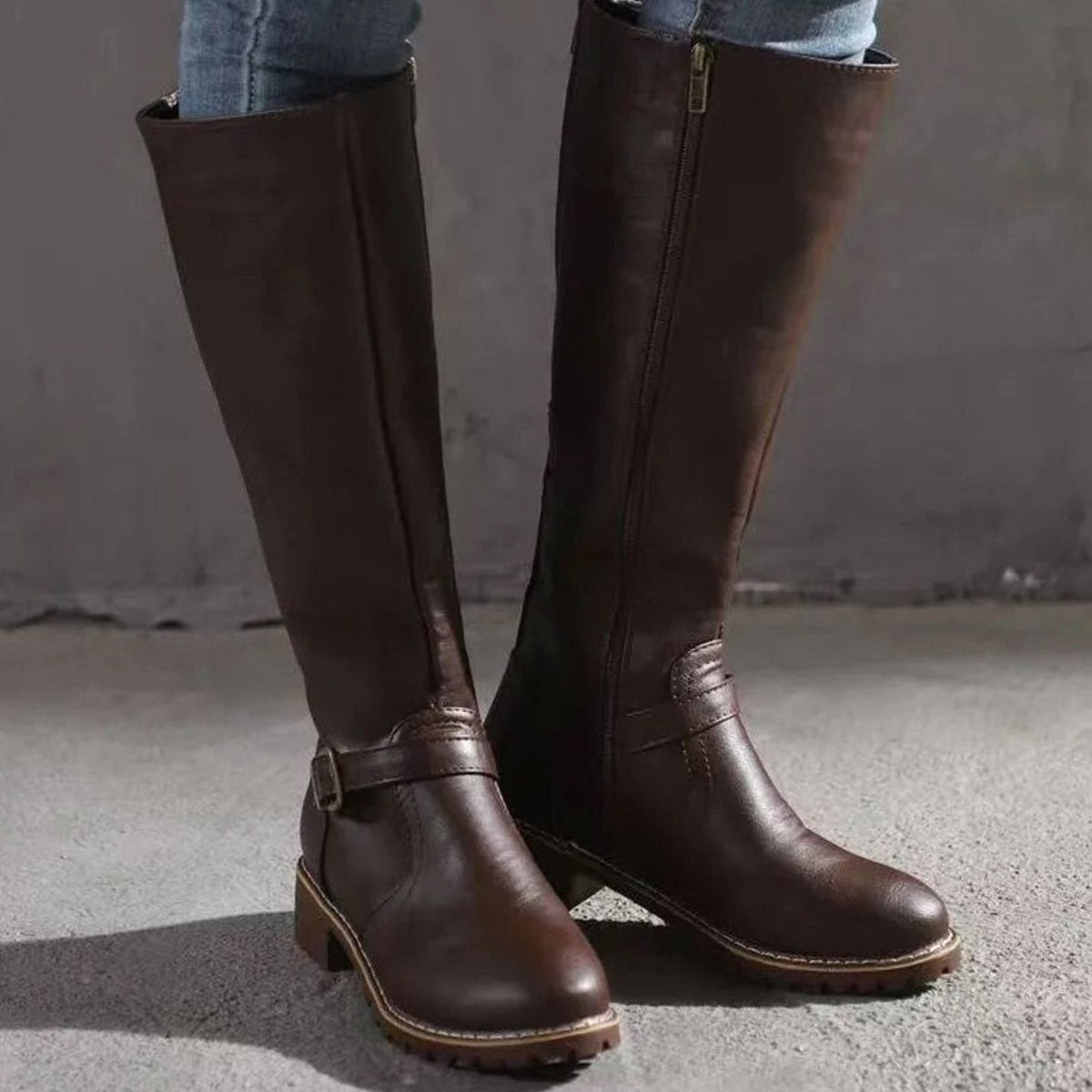 Women's Buckle Casual Knee High Boots in Brown