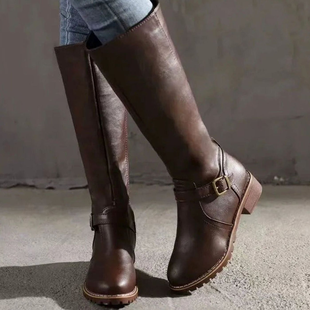 Women's Orthopaedic Buckled Casual Knee High Boots in Brown