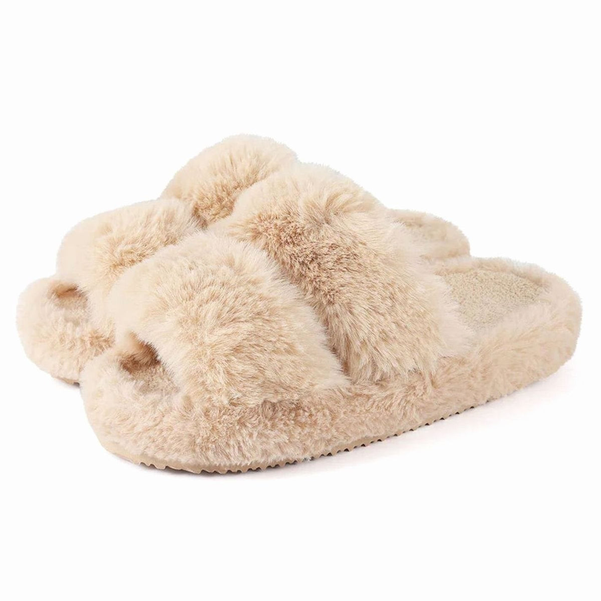 Women's Cross-Strap Faux Fur Slippers in Beige