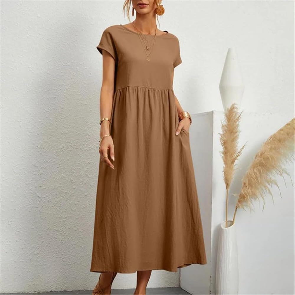 Gathered Empire Waist Casual Midi Dress in Camel