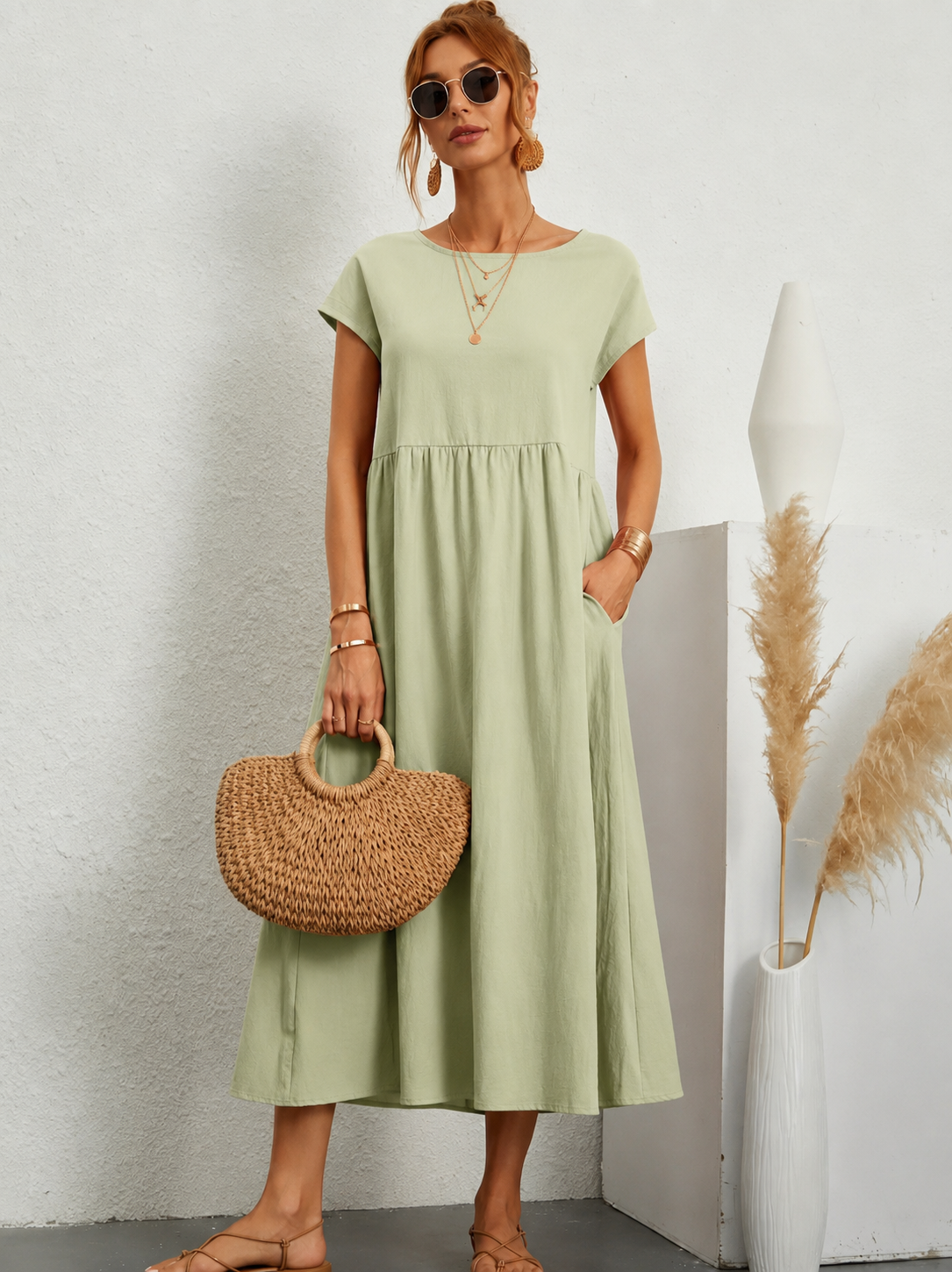 Gathered Empire Waist Casual Midi Dress in Sage