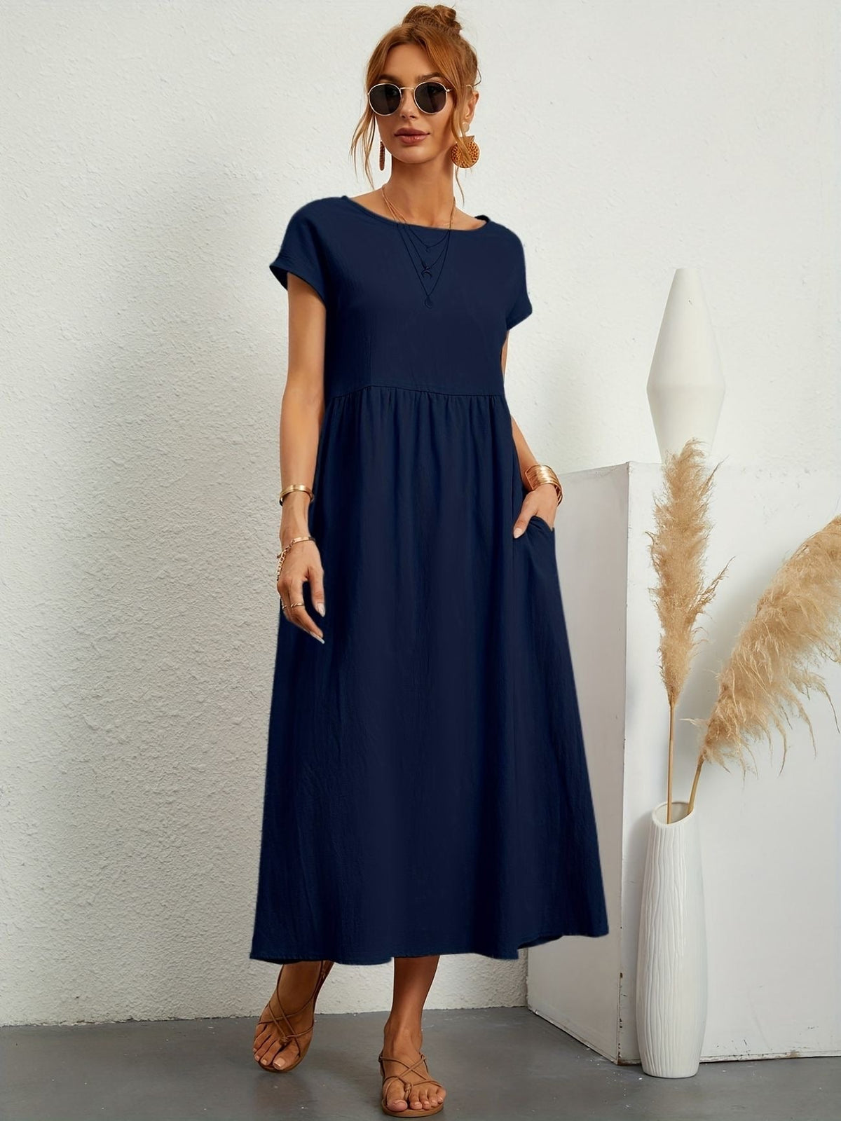 Gathered Empire Waist Casual Midi Dress in Navy