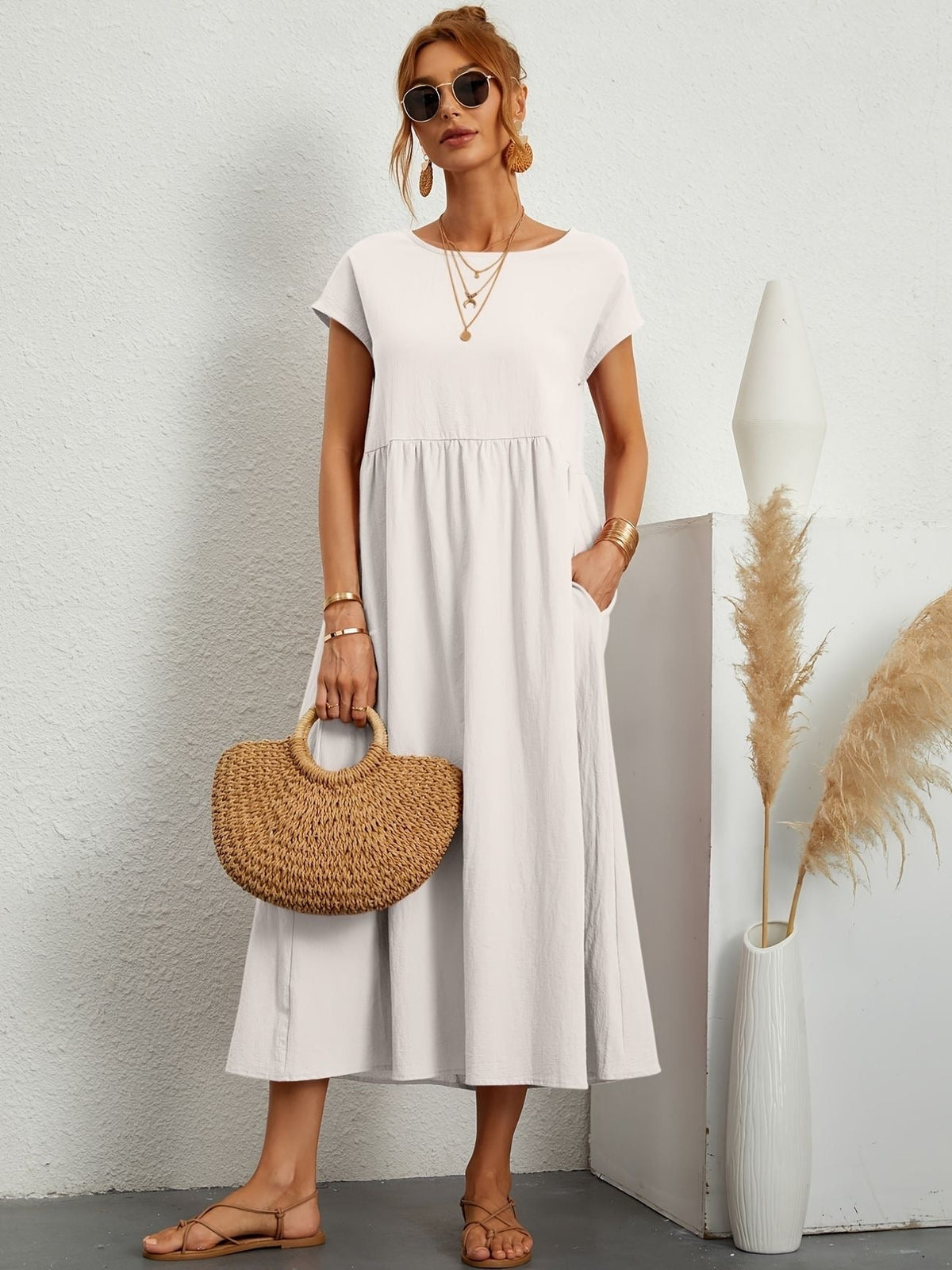 Gathered Empire Waist Casual Midi Dress in White