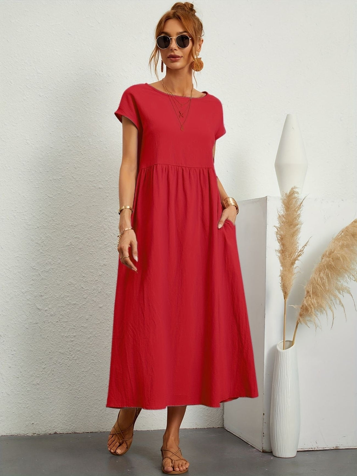Gathered Empire Waist Casual Midi Dress in Red