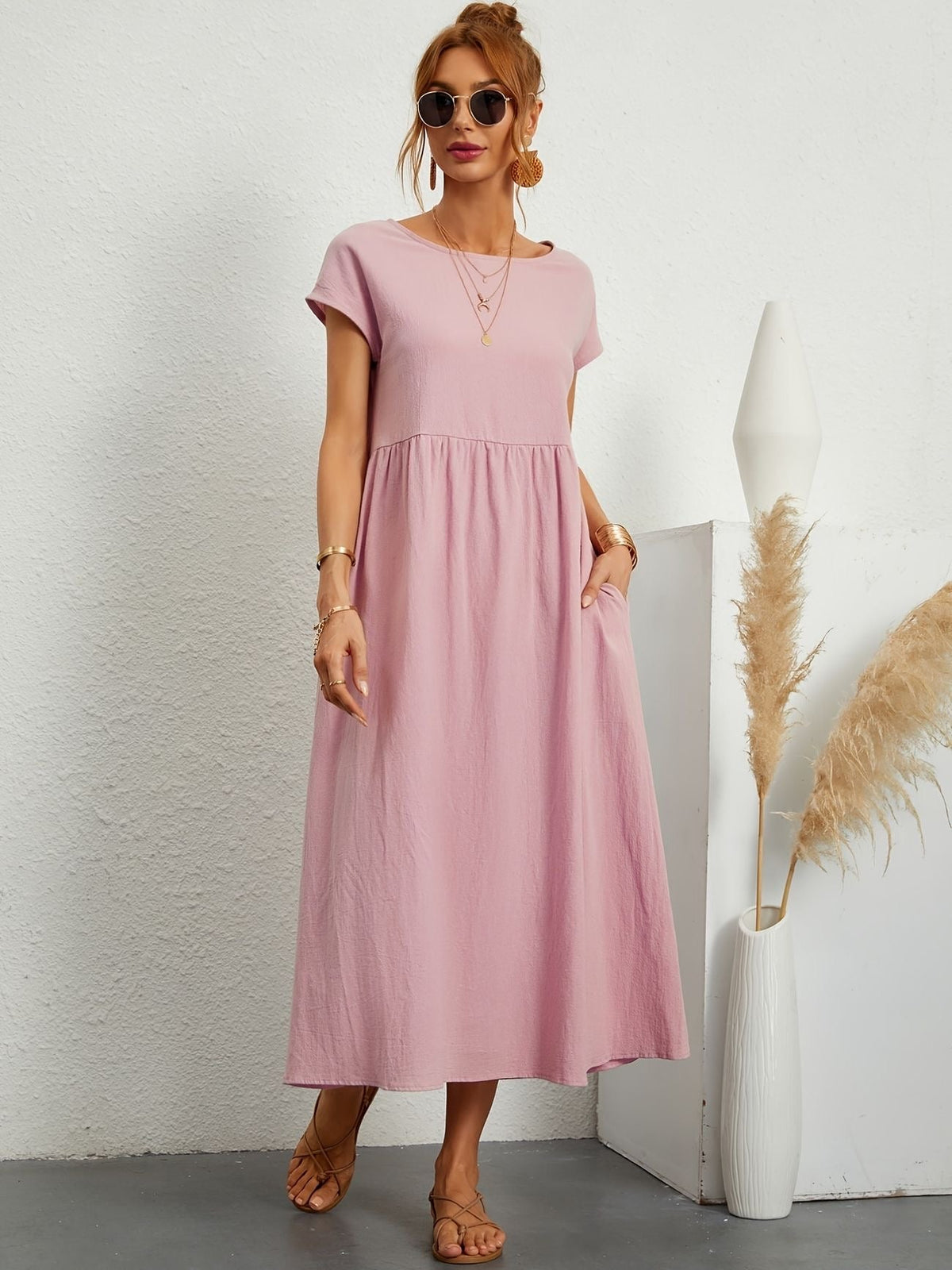Gathered Empire Waist Casual Midi Dress in Light Pink