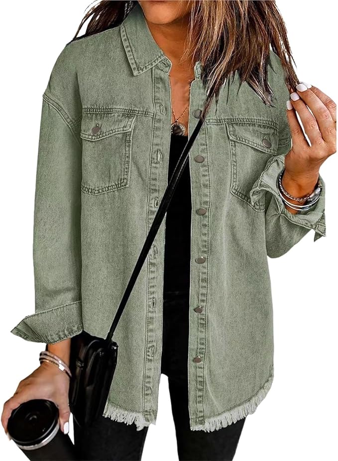 Women's Button-Front Frayed Hem Casual Jacket in Sage