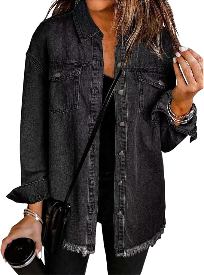 Women's Button-Front Frayed Hem Casual Jacket in Black