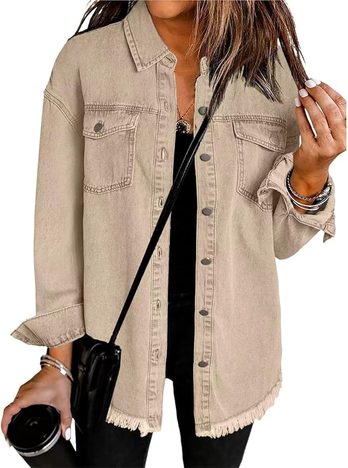 Women's Button-Front Frayed Hem Casual Jacket in Khaki