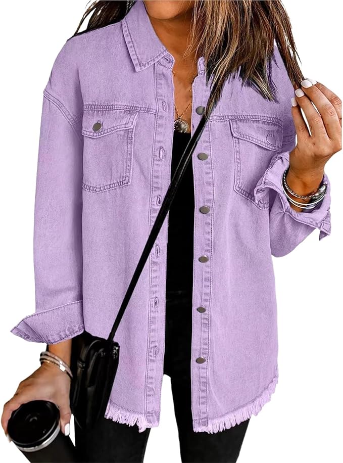 Women's Button-Front Frayed Hem Casual Jacket in Lilac