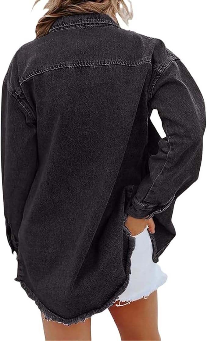 Women's Button-Front Frayed Hem Casual Jacket in Black
