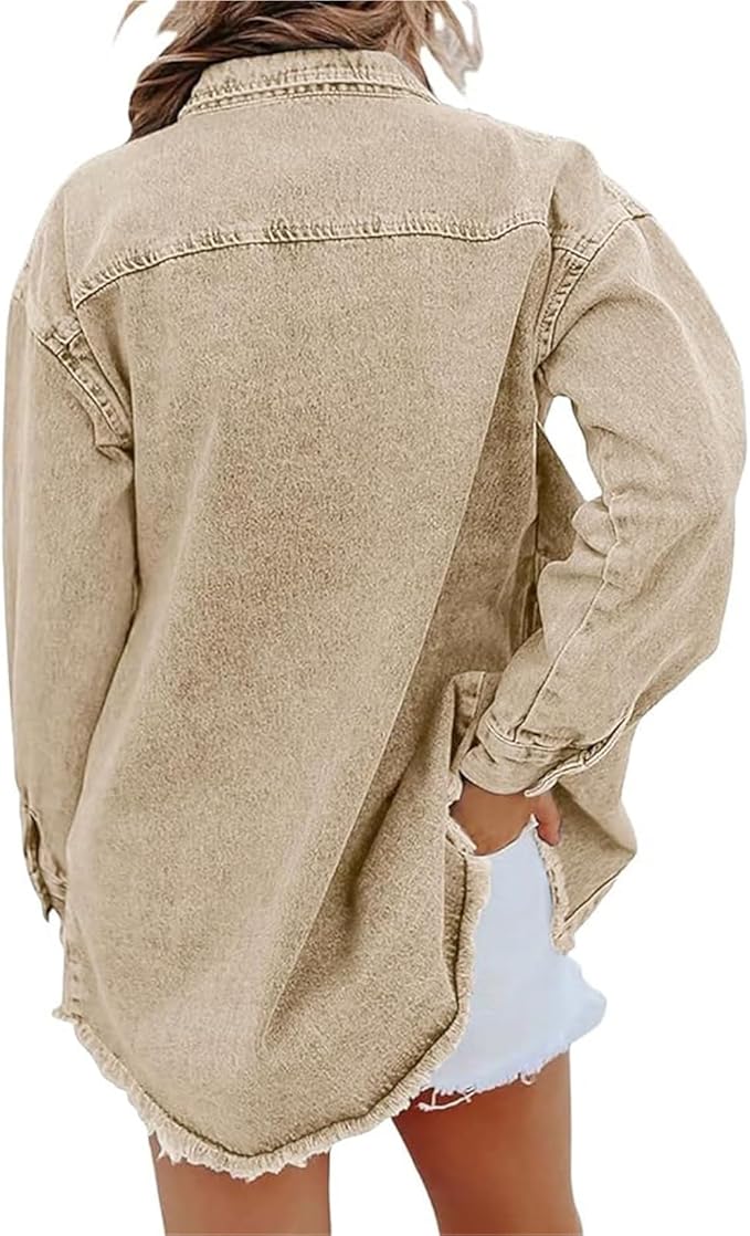 Women's Button-Front Frayed Hem Casual Jacket in Khaki