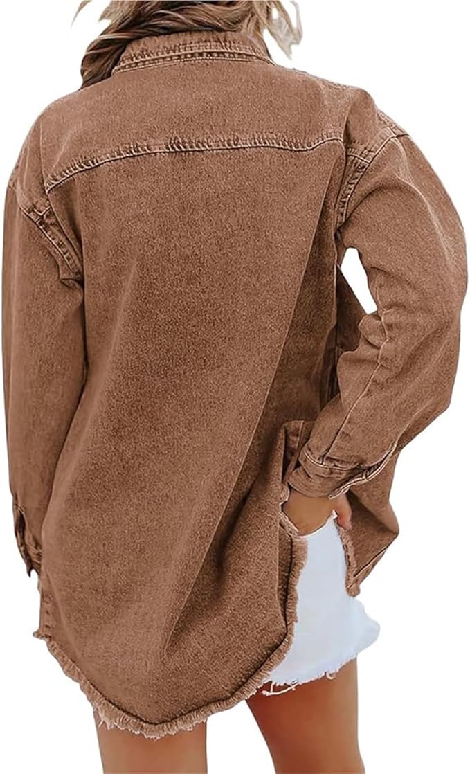 Women's Button-Front Frayed Hem Casual Jacket in Light Brown