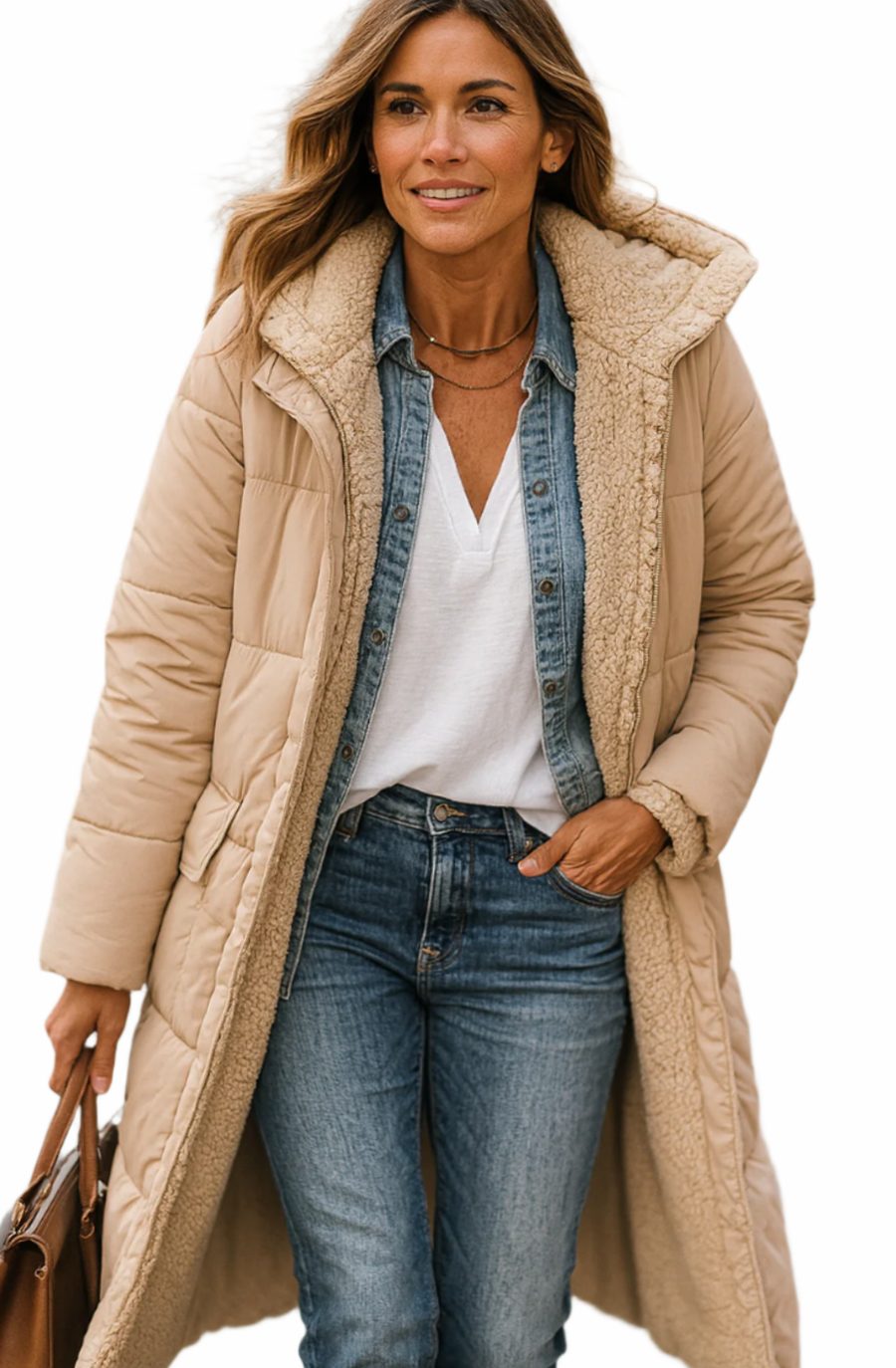 Women's Quilted Longline Jacket in Beige
