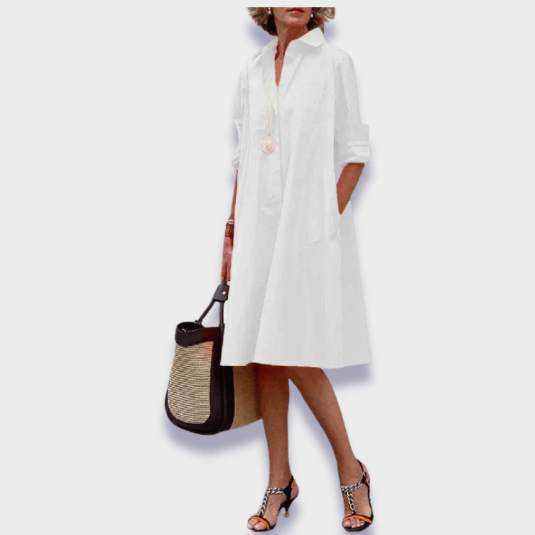 Shirt-Collar Casual Mini Dress in White