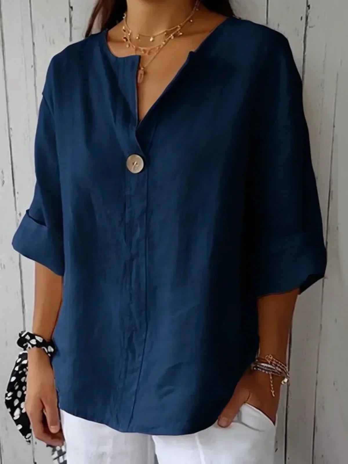 Single-Button V-Neck Casual Blouse in Navy