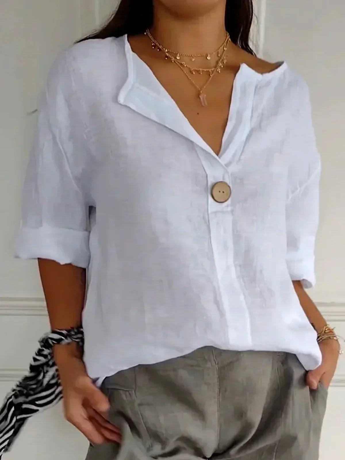 Single-Button V-Neck Casual Blouse in White