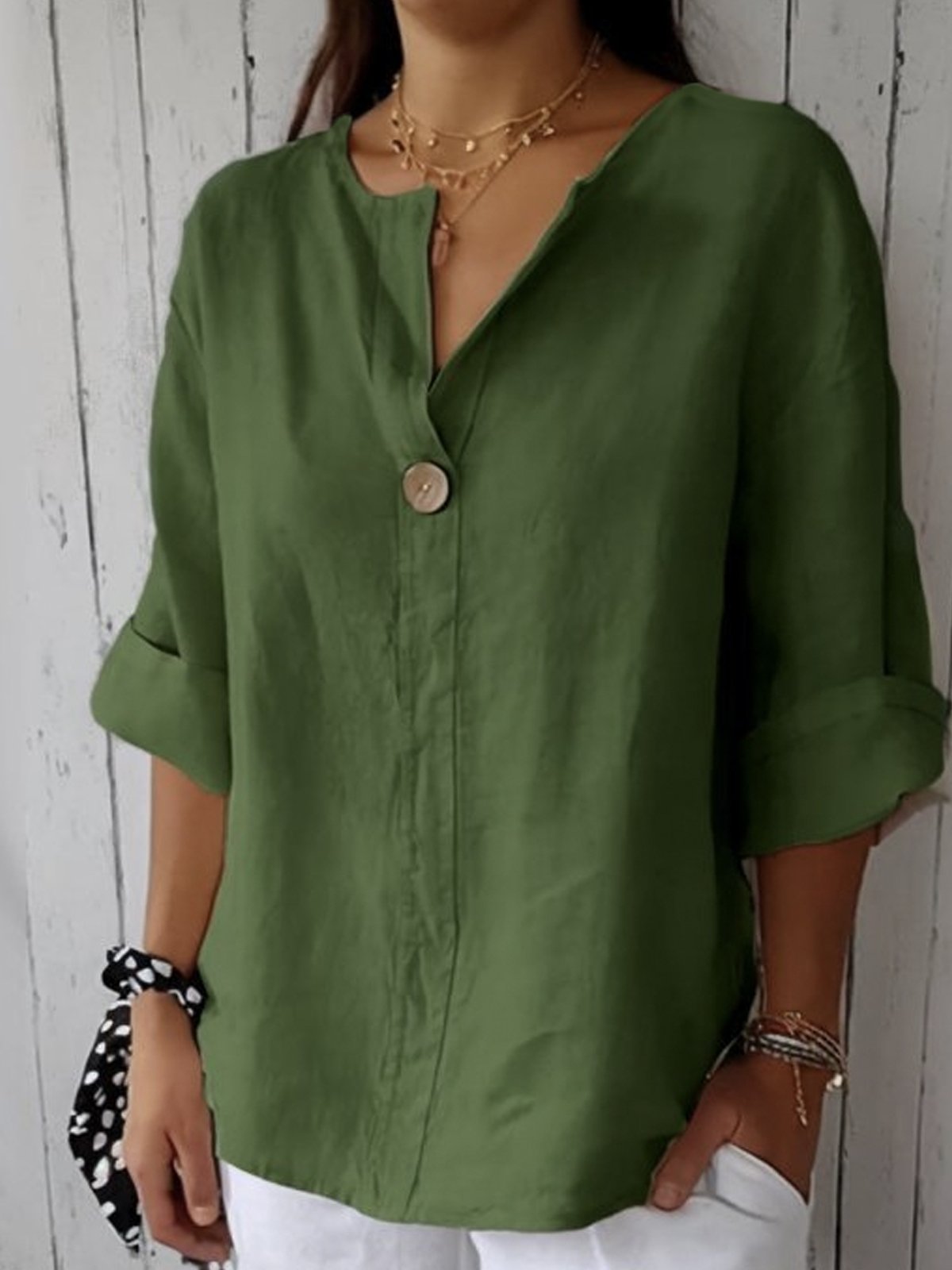 Single-Button V-Neck Casual Blouse in Olive