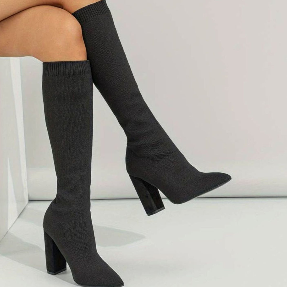 Women's Sock-Fit Knee High Boots in Black