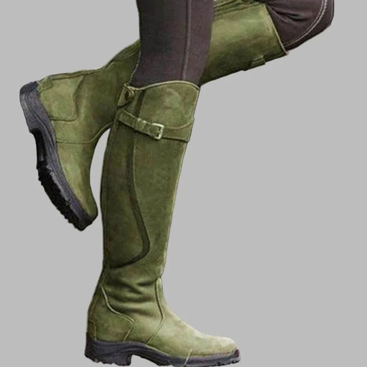 Women's Orthopaedic Buckle Casual Knee High Boots in Olive