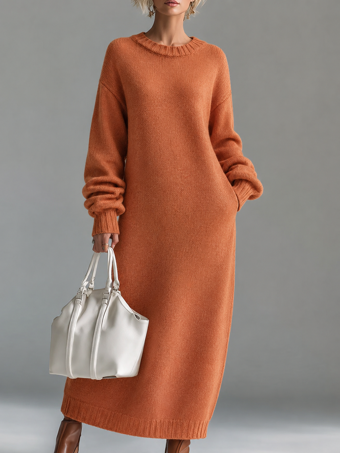 Oversized Chunky Knit Casual Maxi Dress in Rust