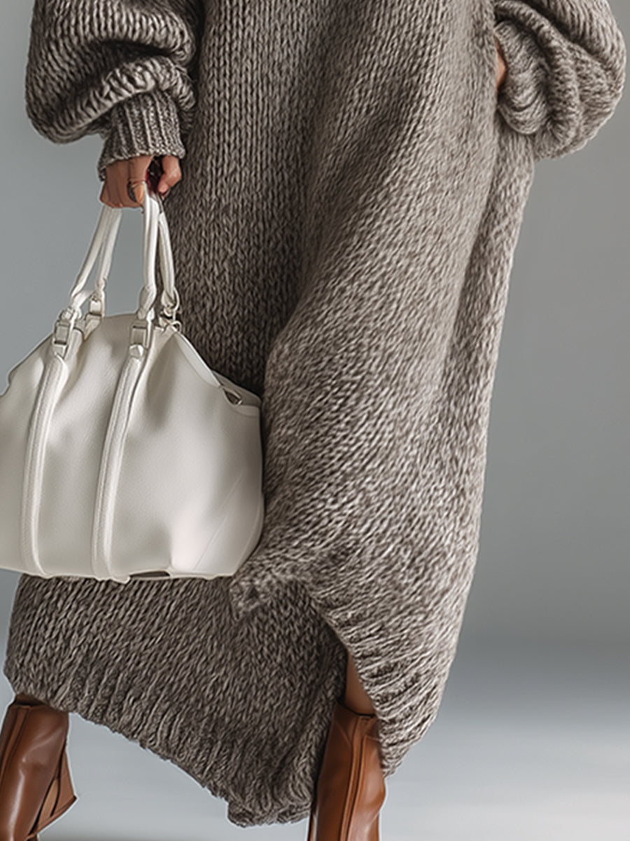 Oversized Chunky Knit Casual Maxi Dress in Taupe
