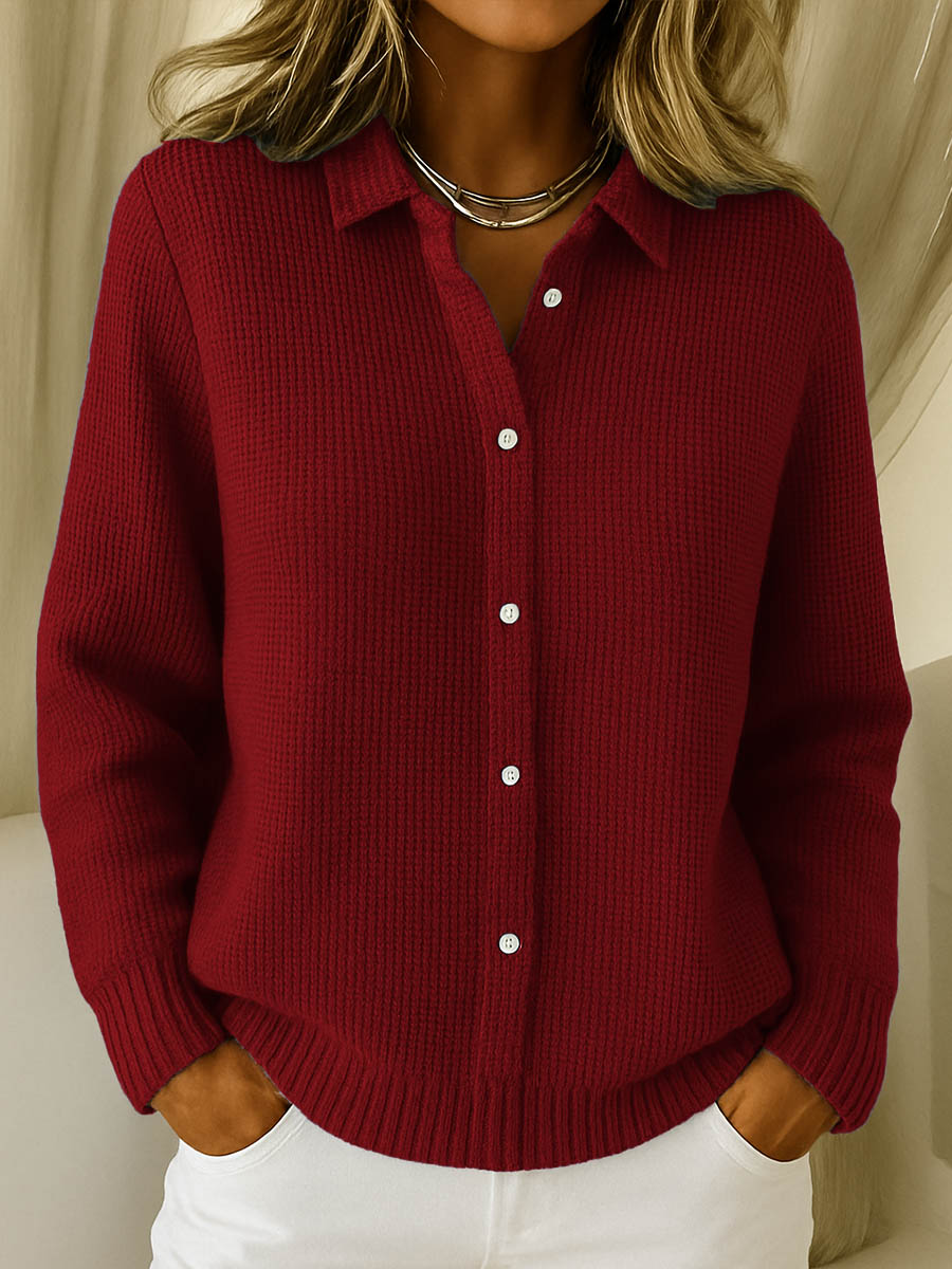 Women's Collared Casual Cardigan in Burgundy
